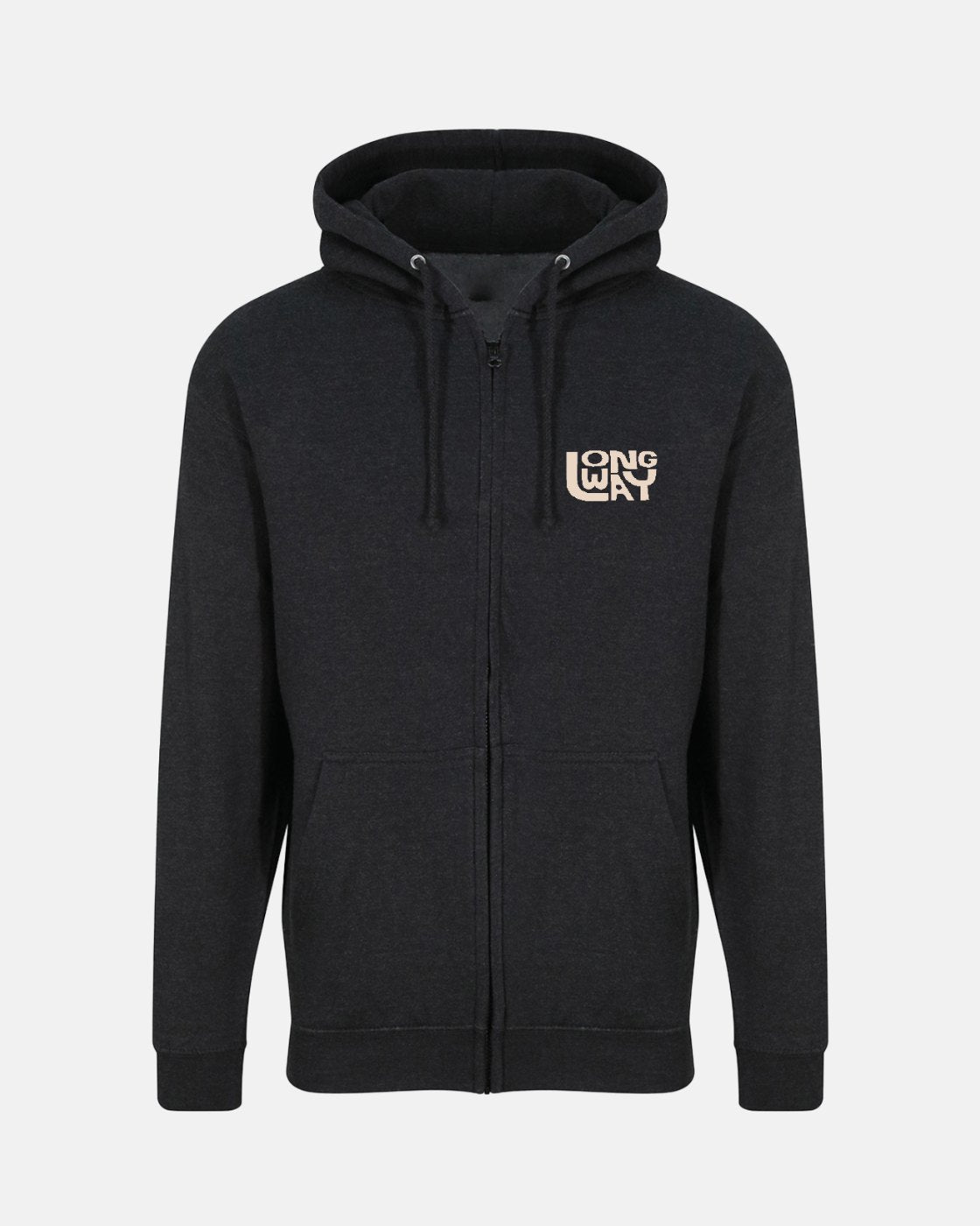 The Long Way Sun Mountain Zip Hoodie by Long Way Shop is a heavyweight black hoodie with a drawstring hood, front pockets, and a small beige block-style LONG WAY logo on the left chest.