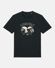 The Long Way Shop’s Long Way Helmet Black Standard T-Shirt features two vintage helmets under the bold LONGWAY logo—a perfect adventure tee made from soft organic cotton.
