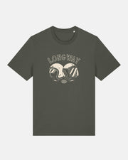 The Long Way Helmet Khaki Standard T-Shirt from Long Way Shop features two vintage-style motorcycle helmets facing each other with LONG WAY above them.