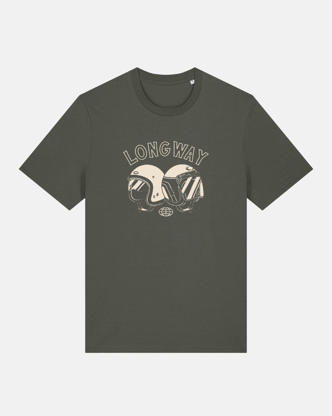 The Long Way Helmet Khaki Standard T-Shirt from Long Way Shop features two vintage-style motorcycle helmets facing each other with LONG WAY above them.