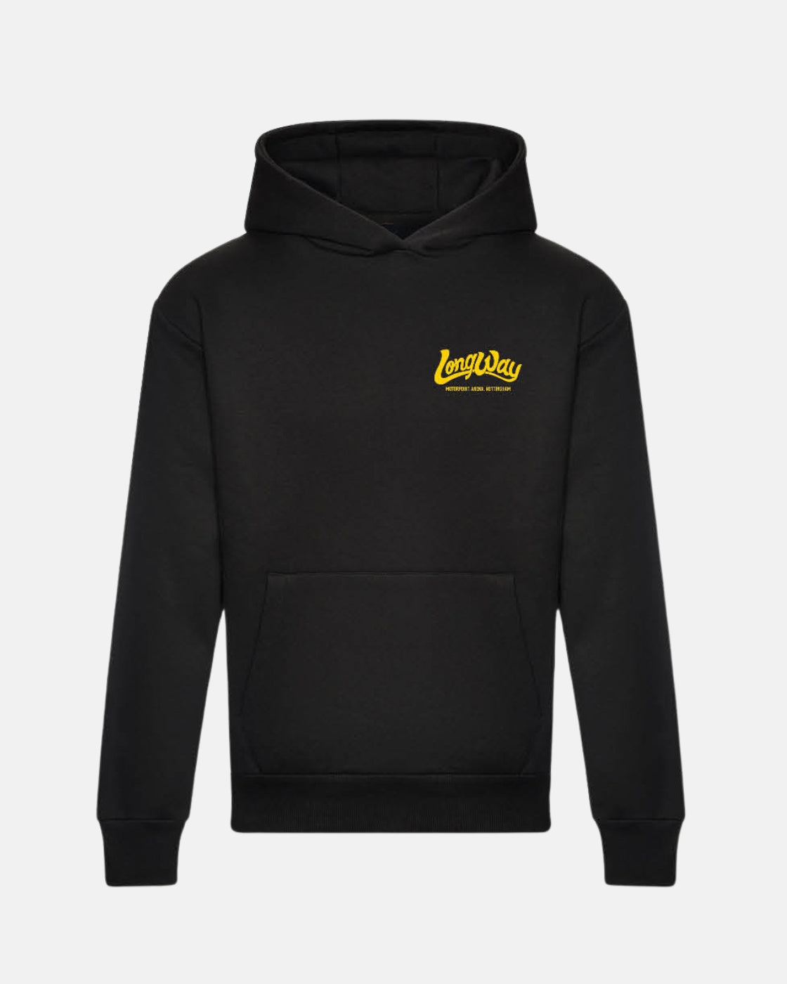 The Long Way Shops Long Way Chat Hoodie is a black pullover with a front pouch pocket and yellow LongWay text logo on the upper left chest, shown against a plain light background.