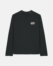 The Long Way Shops Long Way Sun Mountain Long Sleeve T-Shirt is black, made from organic ringspun cotton, and features a small beige LONG WAY UP graphic in bold letters on the left chest.