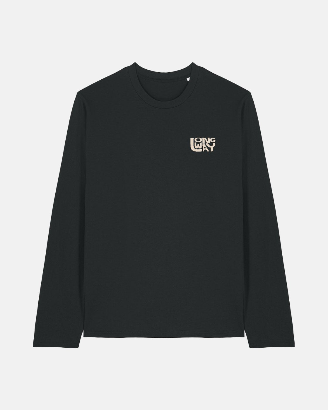 The Long Way Shops Long Way Sun Mountain Long Sleeve T-Shirt is black, made from organic ringspun cotton, and features a small beige LONG WAY UP graphic in bold letters on the left chest.