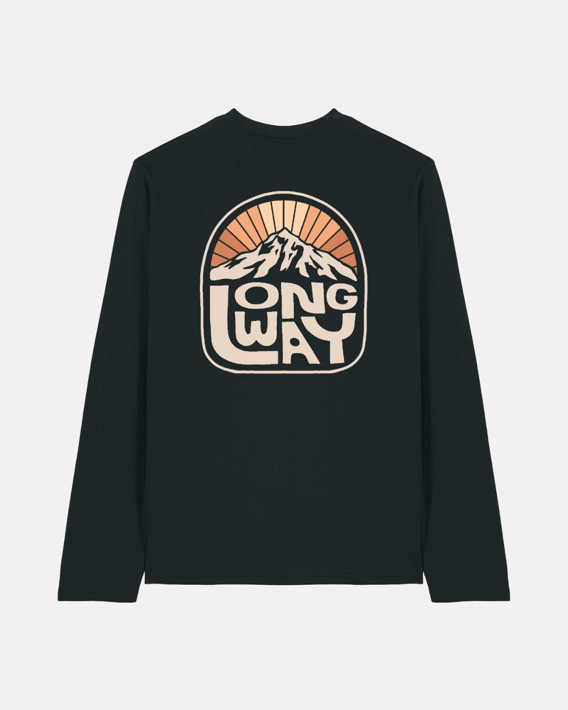 The Long Way Shop’s Long Way Sun Mountain Long Sleeve T-Shirt is a black tee crafted from organic ringspun cotton, featuring a retro mountain and sun graphic with LONG WAY on the back.