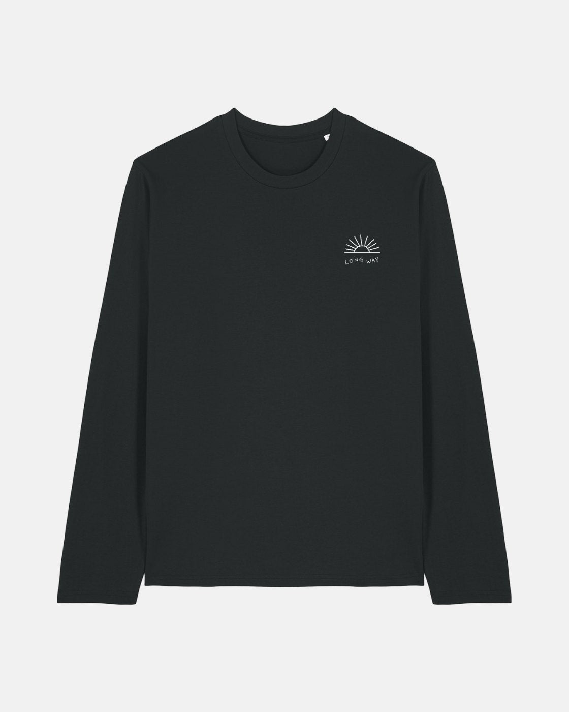 The Long Way Sun Bike Long Sleeve Black T-Shirt by Long Way Shop features a small white sunburst and LONG WAY on the chest. Made from soft organic cotton, its ideal for fans of the Long Way Sun Bike journey.
