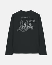 The Long Way Sun Bike Long Sleeve Black T-Shirt from Long Way Shop features a white line drawing of two bikers and the sun with LONG WAY above. Made from organic cotton, this tee blends comfort and style.