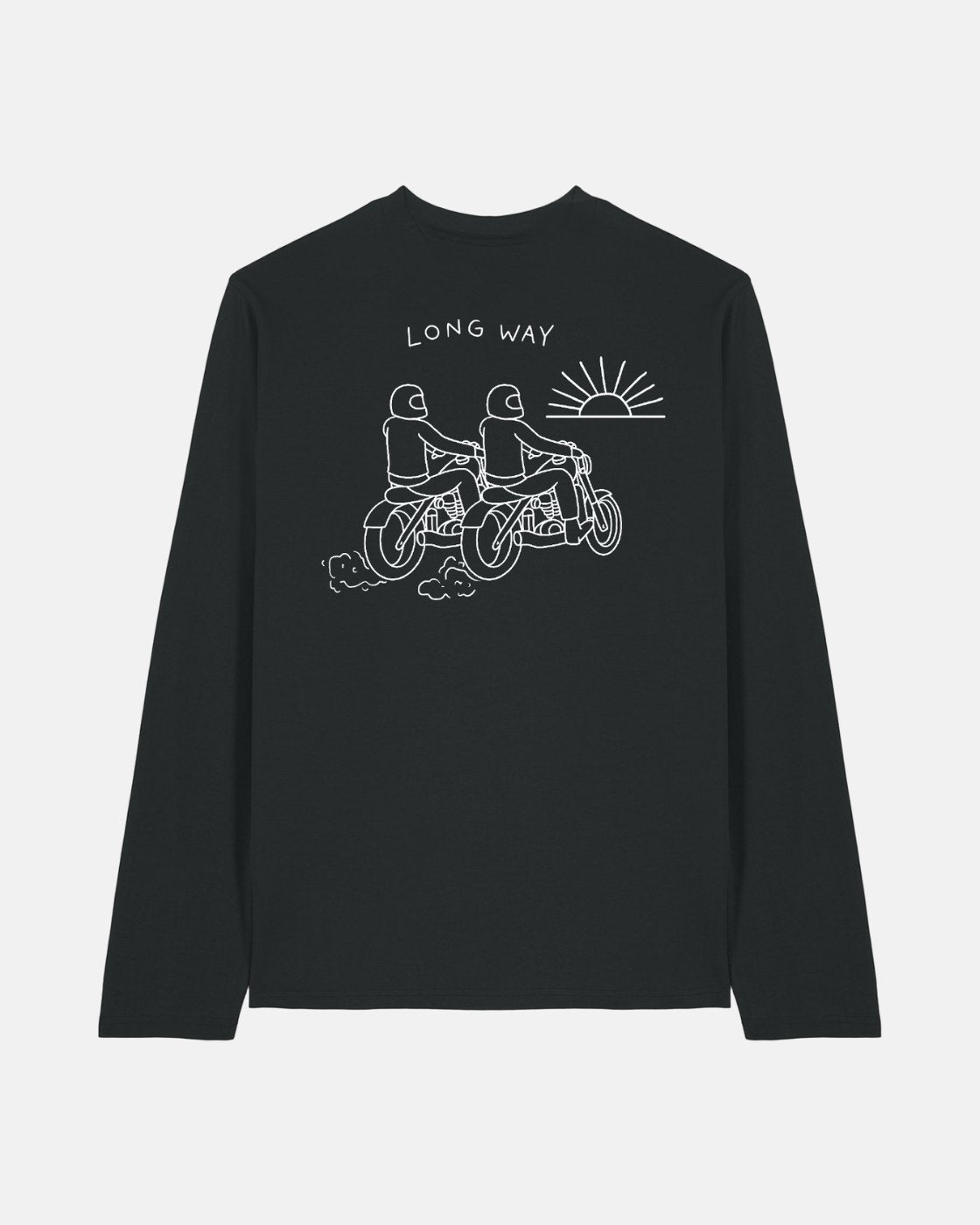 The Long Way Sun Bike Long Sleeve Black T-Shirt from Long Way Shop features a white line drawing of two bikers and the sun with LONG WAY above. Made from organic cotton, this tee blends comfort and style.