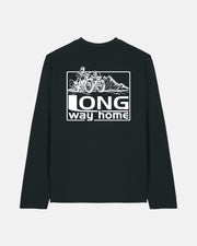 The Long Way Shop’s Long Way Mountain Bike Long Sleeve Black T-Shirt features a white motorcycle and rider graphic above LONG way home, crafted from soft organic cotton for all-day comfort.