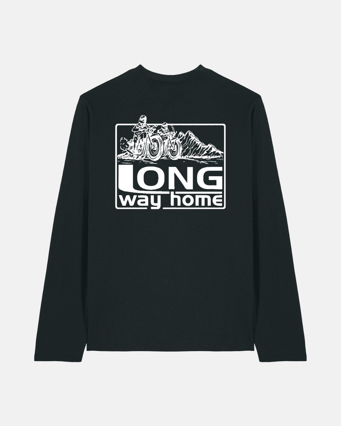 The Long Way Shop’s Long Way Mountain Bike Long Sleeve Black T-Shirt features a white motorcycle and rider graphic above LONG way home, crafted from soft organic cotton for all-day comfort.