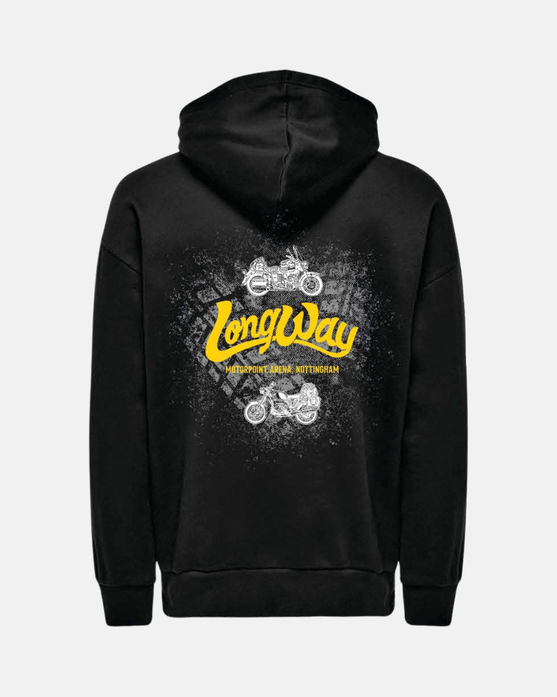 The Long Way Shops Long Way Chat Hoodie is a black hoodie featuring a graphic of two motorcycles and the word Long Way in large yellow script on the back, with Motorpoint Arena, Nottingham in smaller text below.