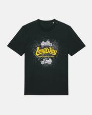 The Long Way Shops Long Way Chat T-Shirt is a black tee with a distressed graphic of two white motorcycles and Long Way in bold yellow script, plus smaller white text, centered on the chest.