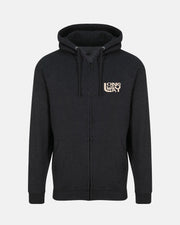 The Long Way Sun Mountain Zip Hoodie by Long Way Shop is a heavyweight black hoodie with a drawstring hood, front pockets, and a small beige block-style LONG WAY logo on the left chest.