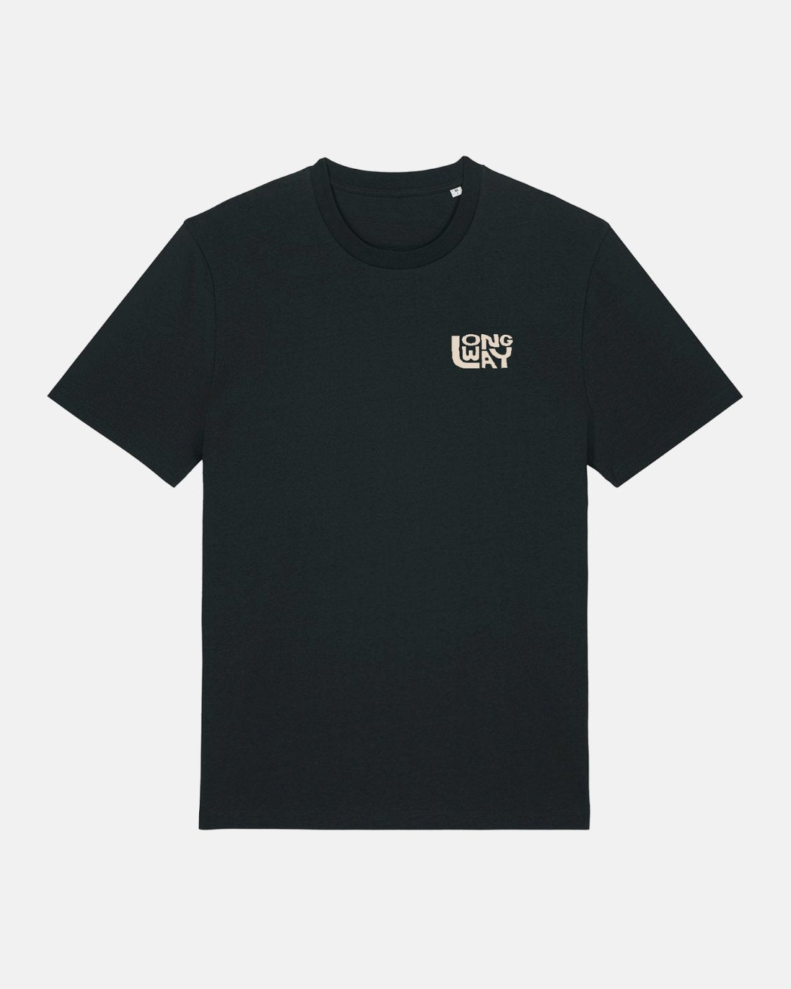 The Long Way Shop Sun Mountain Standard T-Shirt is a black organic cotton tee with short sleeves and a small white LONG WAY graphic on the left chest, laid flat on a plain light background.