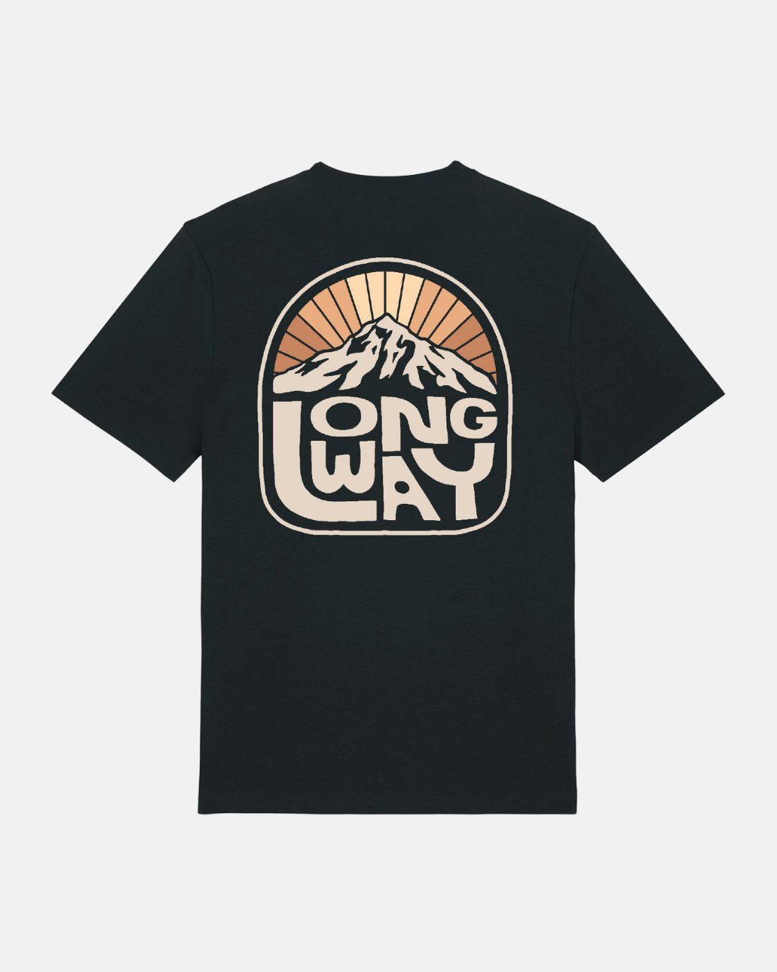 The Long Way Shop’s Long Way Sun Mountain Standard T-Shirt features a bold mountain sunrise back graphic and text, made from soft organic cotton for sustainable comfort and style.