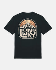 The Long Way Shop’s Long Way Sun Mountain Standard T-Shirt features a bold mountain sunrise back graphic and text, made from soft organic cotton for sustainable comfort and style.