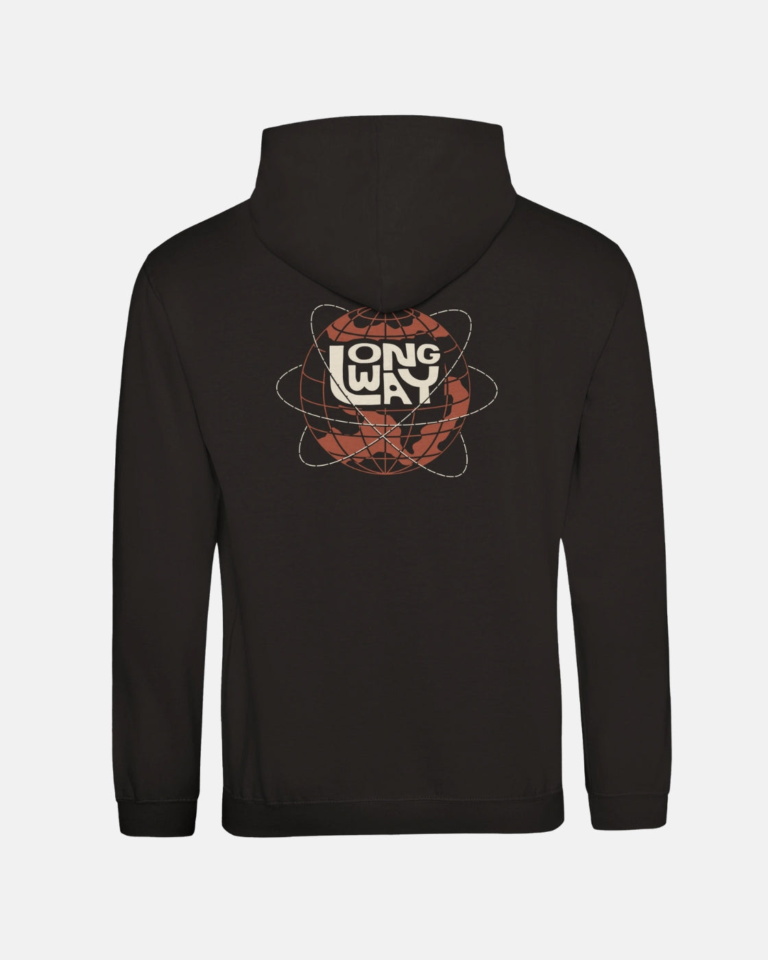 The Long Way Globe Black Hoodie by Long Way Shop is a unisex, soft ringspun cotton hoodie featuring a back graphic of overlapping red and white orbits around bold "LONG WAY" text, perfect for comfortable everyday wear.