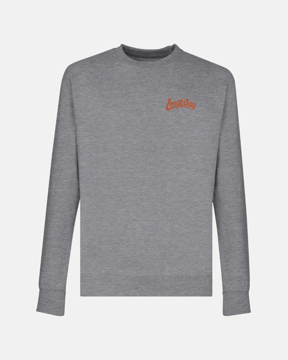 The Long Way Duo Bike Grey Sweatshirt by Long Way Shop is a premium unisex cotton-polyester crewneck with ribbed cuffs, in plain gray, featuring "Long Way" in small orange script on the left chest for classic comfort.