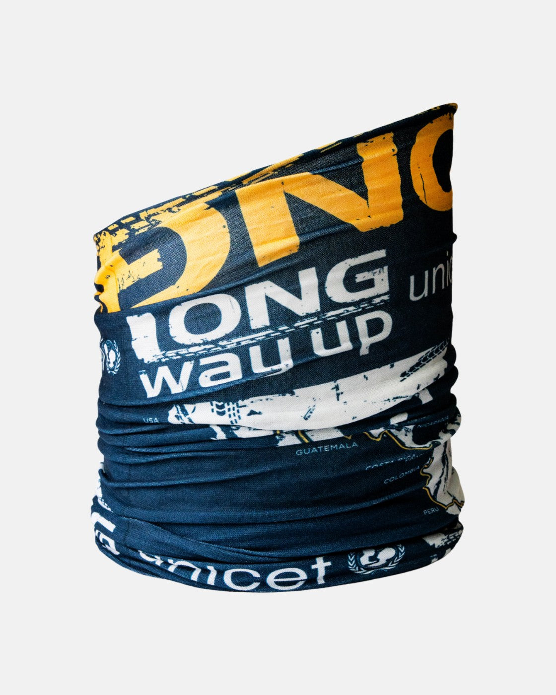 The Long Way Shop’s Long Way Up Neck Buff is a dark blue and yellow multifunctional gaiter with white Unicef and wake up prints, shown scrunched on a plain white background.