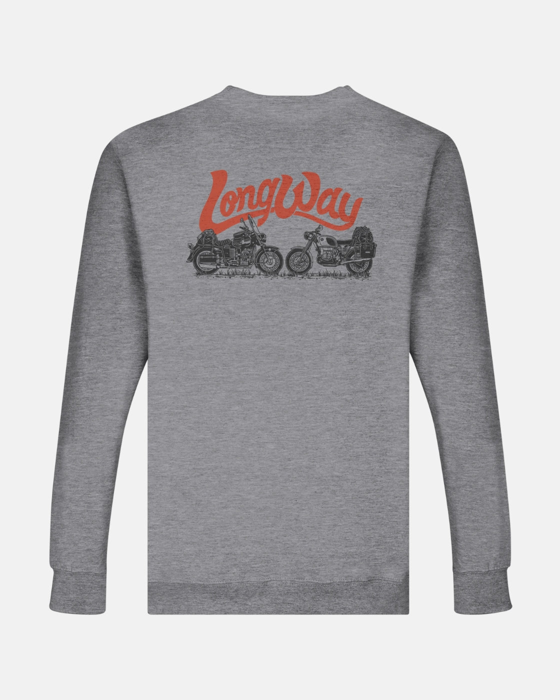 The Long Way Shop’s Long Way Duo Bike Grey Sweatshirt is a premium unisex crewneck featuring two motorcycles and luggage on the back, "Long Way" in bold red script, and crafted from a soft cotton-polyester blend for comfort.