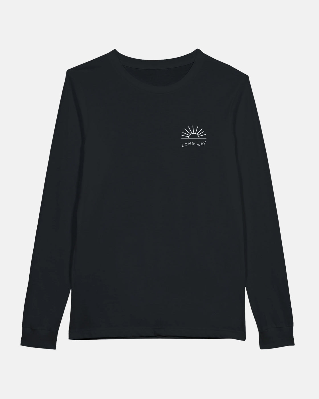 The Long Way Shop Sun Bike Long Sleeve Black T-Shirt features a small white rising sun graphic above "LONG WAY" on the left chest, crafted from ringspun cotton.