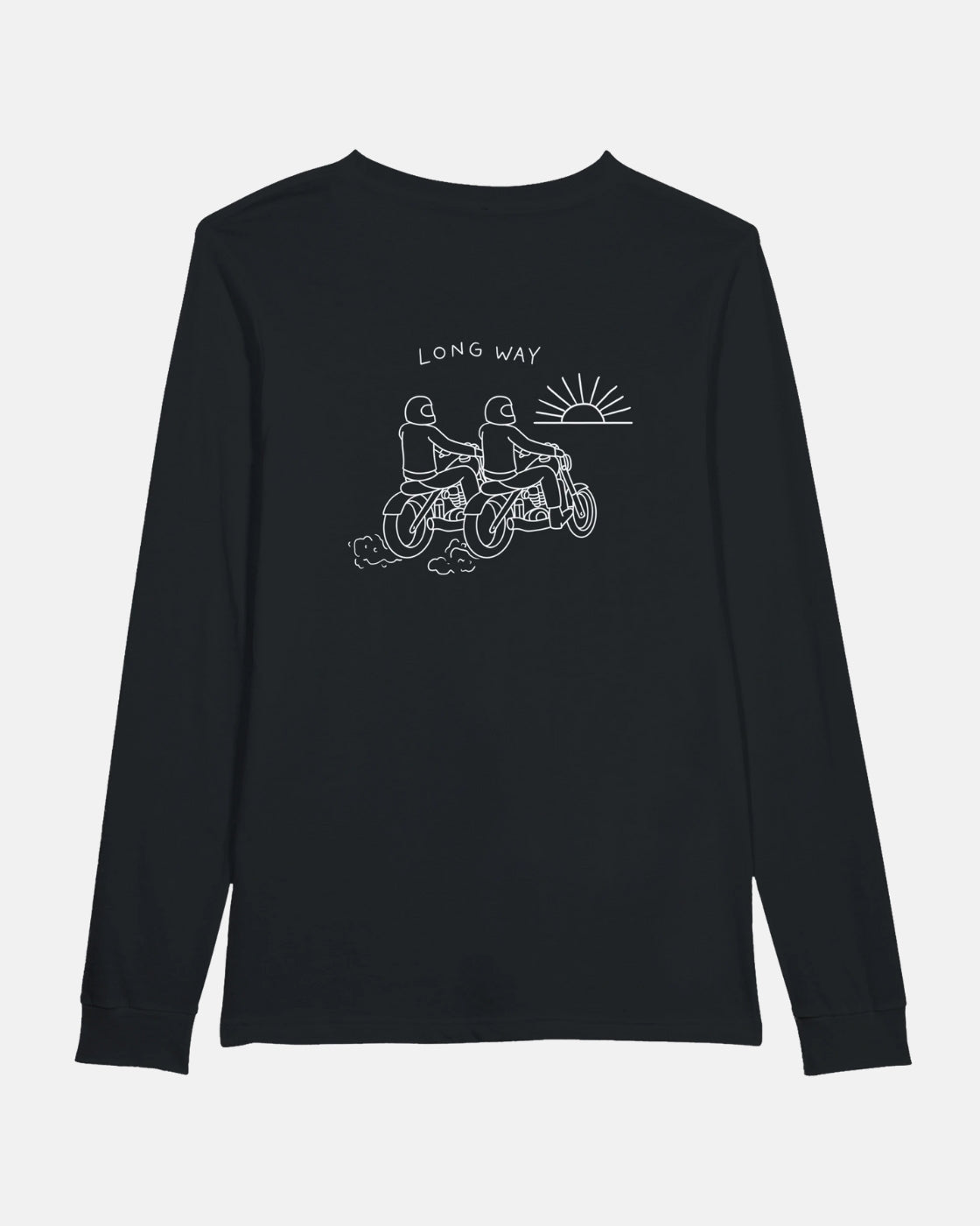 The Long Way Shop "Long Way Sun Bike" black long sleeve t-shirt features a white line drawing of two people cycling under the sun with "LONG WAY" above them.