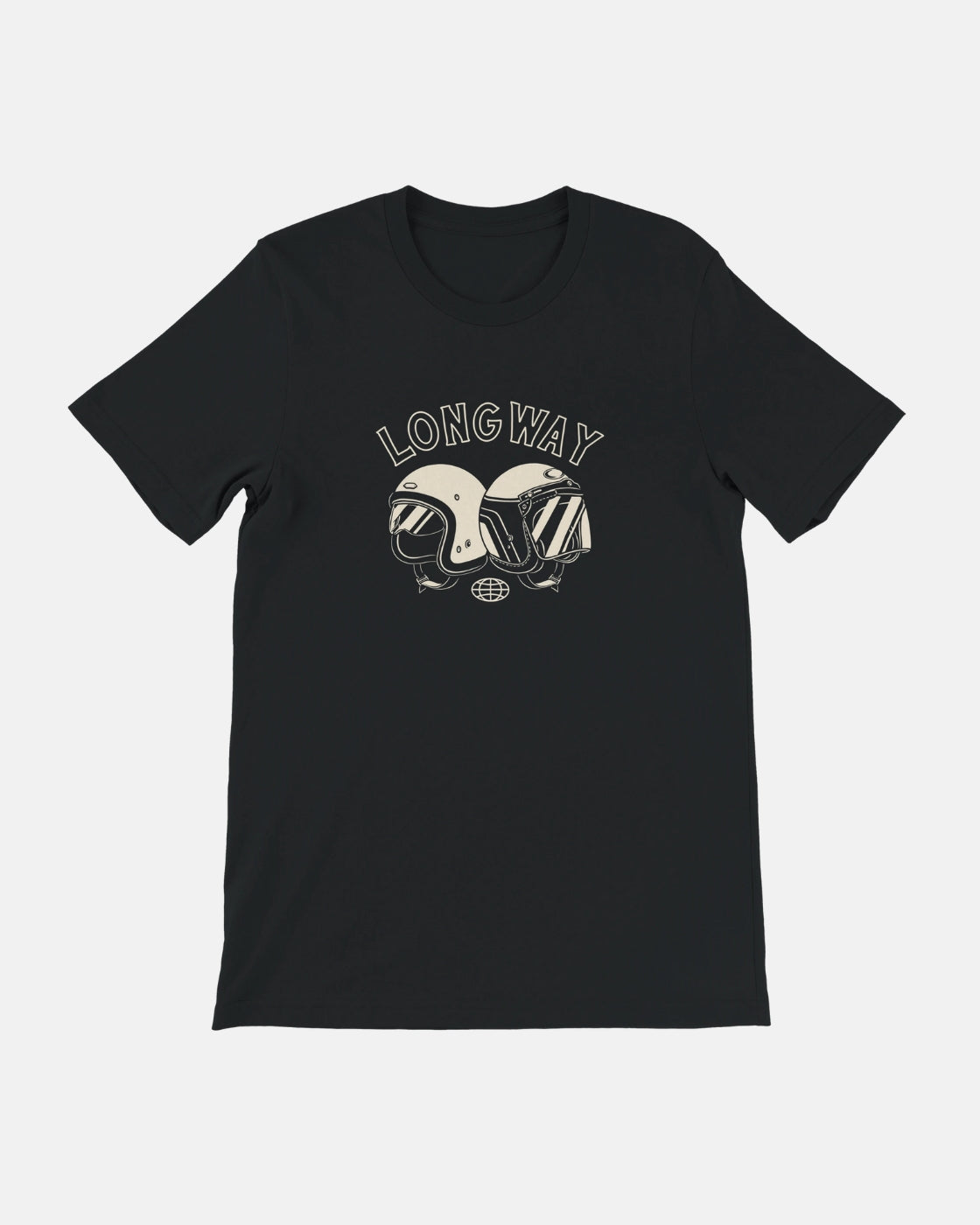 The Long Way Shop’s Long Way Helmet Black Standard T-Shirt features two motorcycle helmets facing each other with "LONGWAY" above, printed in off-white eco-friendly DTG ink. Unisex fit.