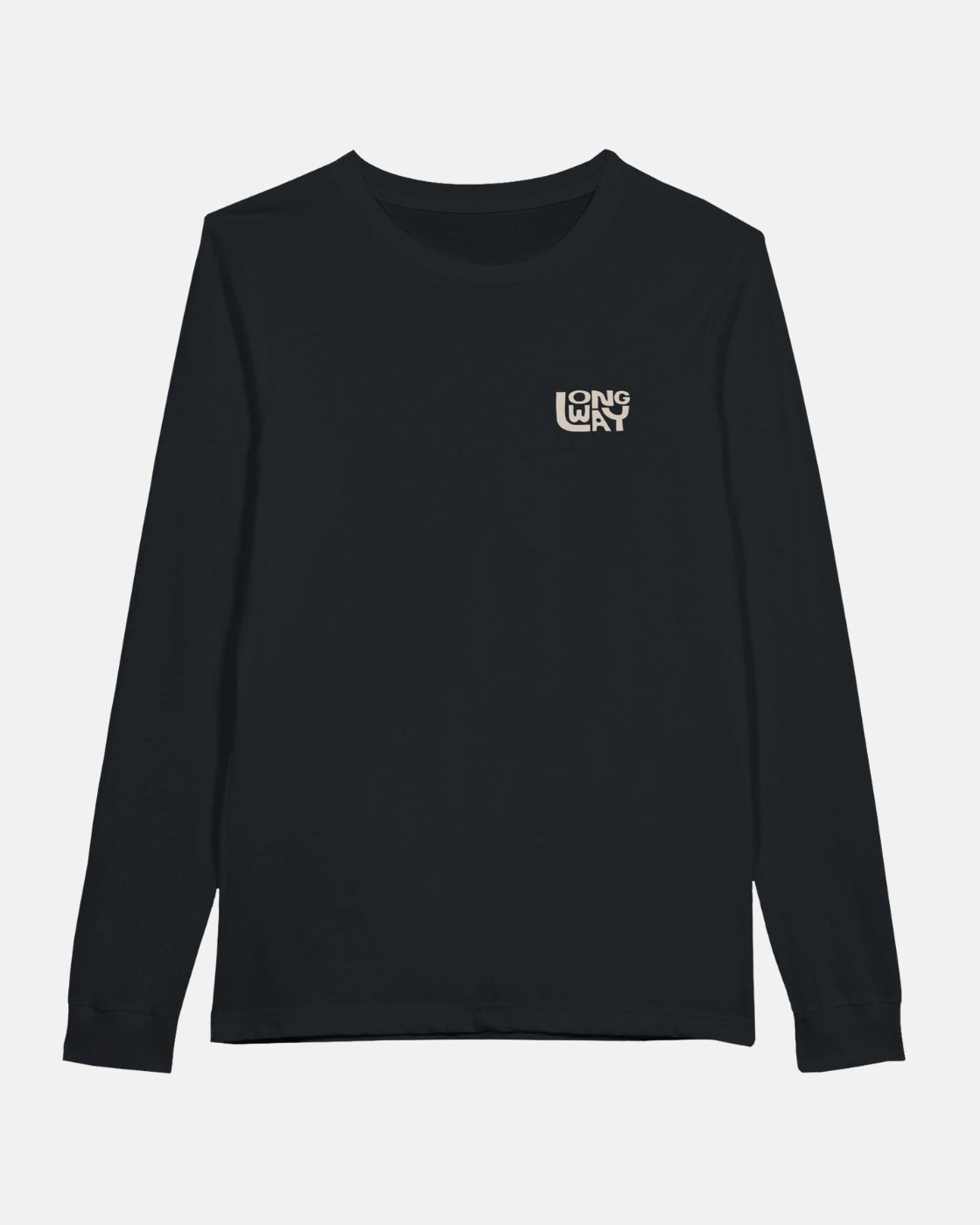 The Long Way Sun Mountain Long Sleeve T-Shirt by Long Way Shop is black, made from soft combed ringspun cotton with a small white “LONG WAY” chest graphic. Made-to-order in the USA and Canada. Pictured laid flat on a white background.