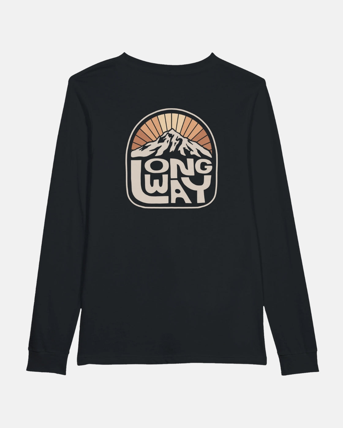 The Long Way Shop Long Way Sun Mountain Long Sleeve T-Shirt is made-to-order in the USA and Canada, featuring a back graphic of stylized mountains, a setting sun, and "LONG WAY" in bold retro lettering.