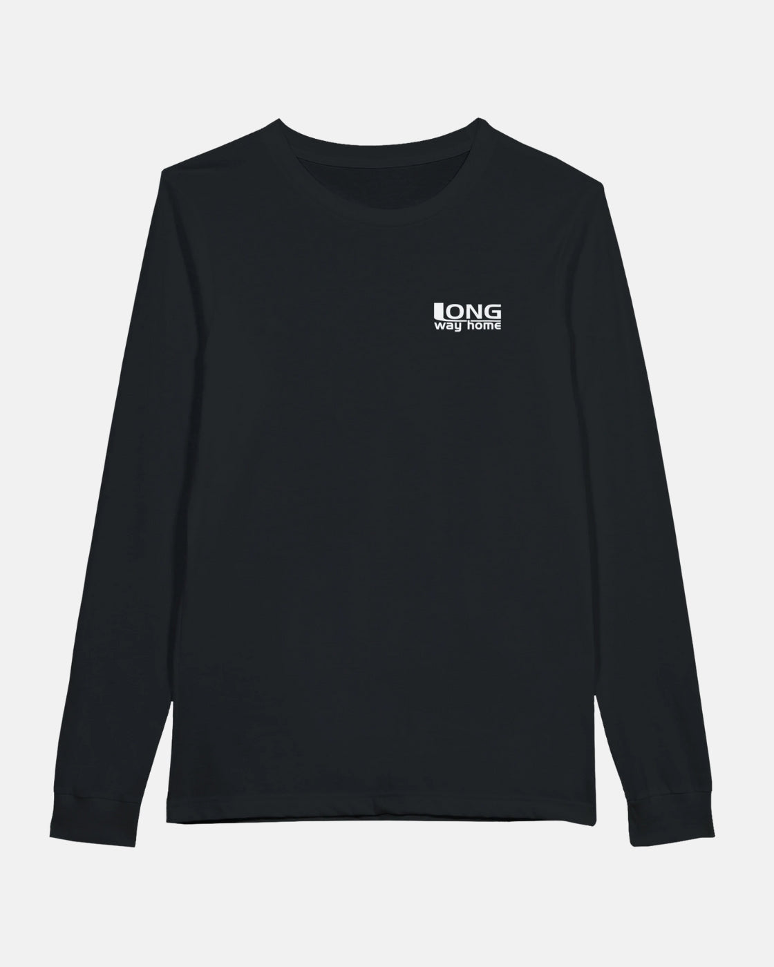 The Long Way Shop's Long Way Mountain Bike Long Sleeve Black T-Shirt is made from soft combed ringspun cotton and features "LONG way home" in small white text on the upper left chest. Available in the USA and Canada.