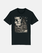 The Long Way Shop's Long Way Ho-Ho Home Festive Black T-Shirt features Santa riding a motorcycle through a snowy forest, with falling snowflakes and "LONG WAY HO-HO-HOME" text above the scene.