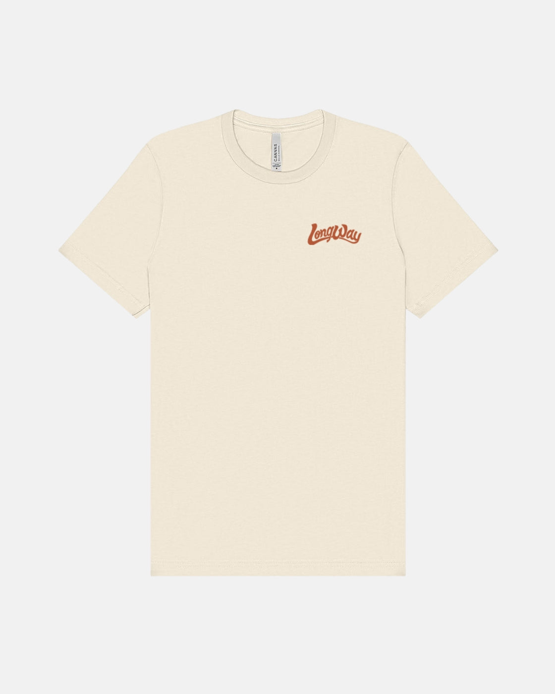 A natural Airlume cotton t-shirt from Long Way Shop with "Long Way Duo Bike" in small orange cursive on the upper left chest.