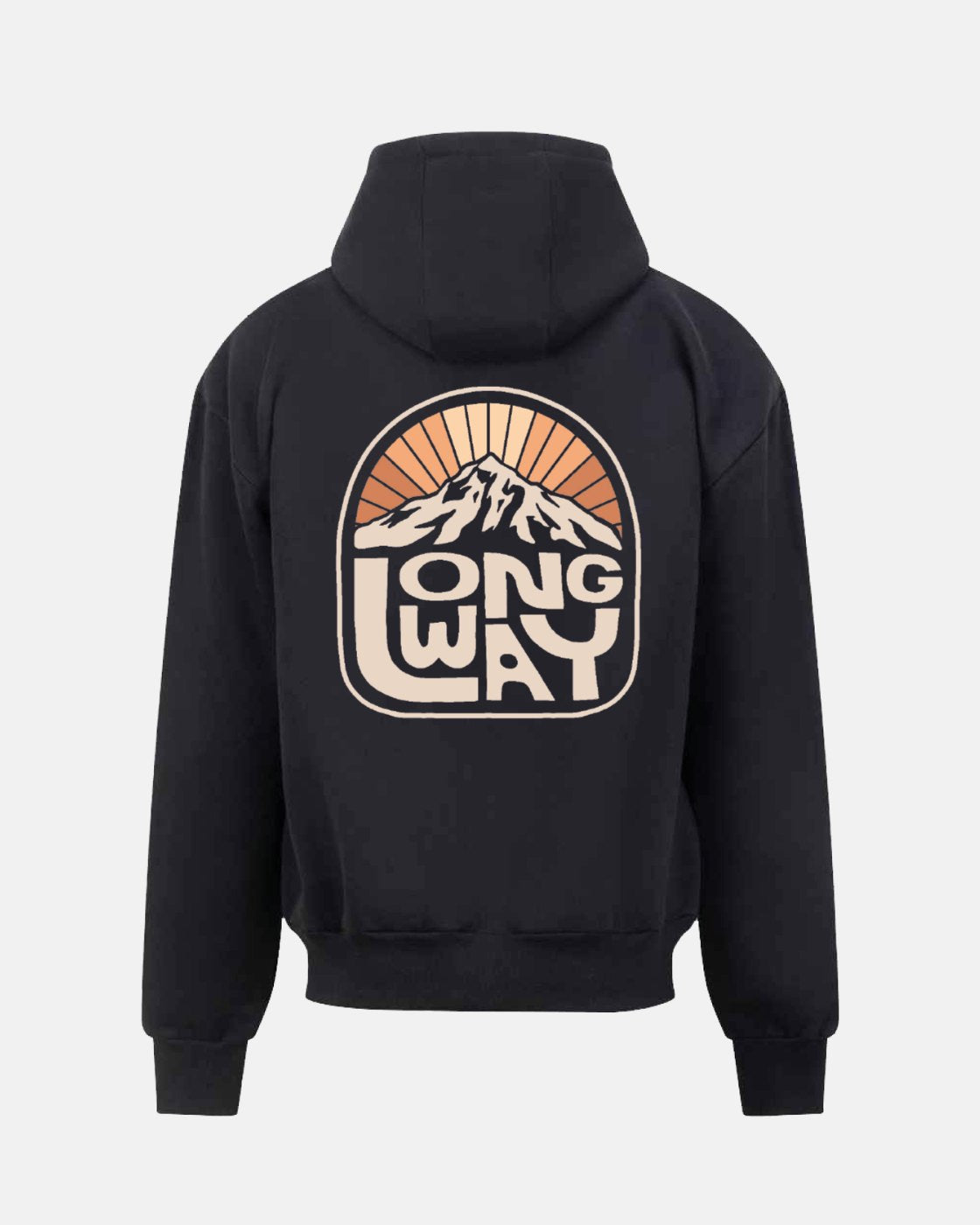 The Long Way Sun Mountain Zip Hoodie from Long Way Shop is a heavyweight, eco-friendly hoodie with a bold retro “LONG WAY” graphic and sunrise over mountains on the back—perfect for your next favorite layer.