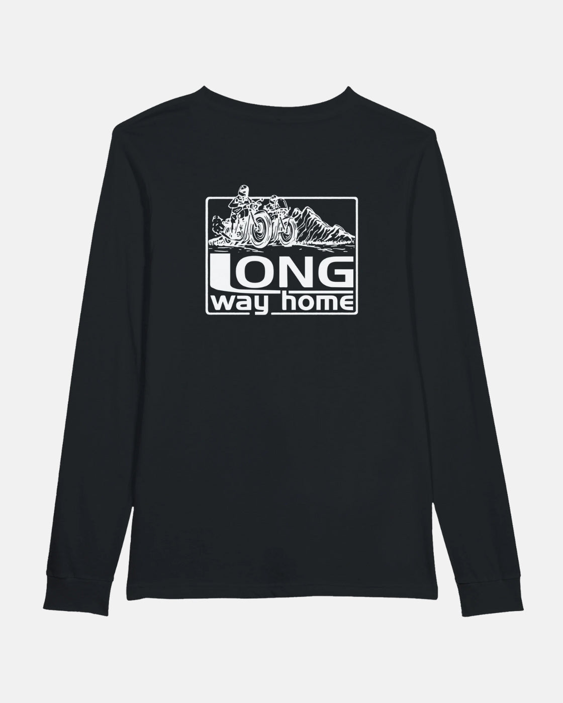 The Long Way Shop's Long Way Mountain Bike Long Sleeve Black T-Shirt features a white graphic of two riders, a motorcycle, and mountains above "LONG way home." Made from soft combed ringspun cotton. Available in the USA & Canada.