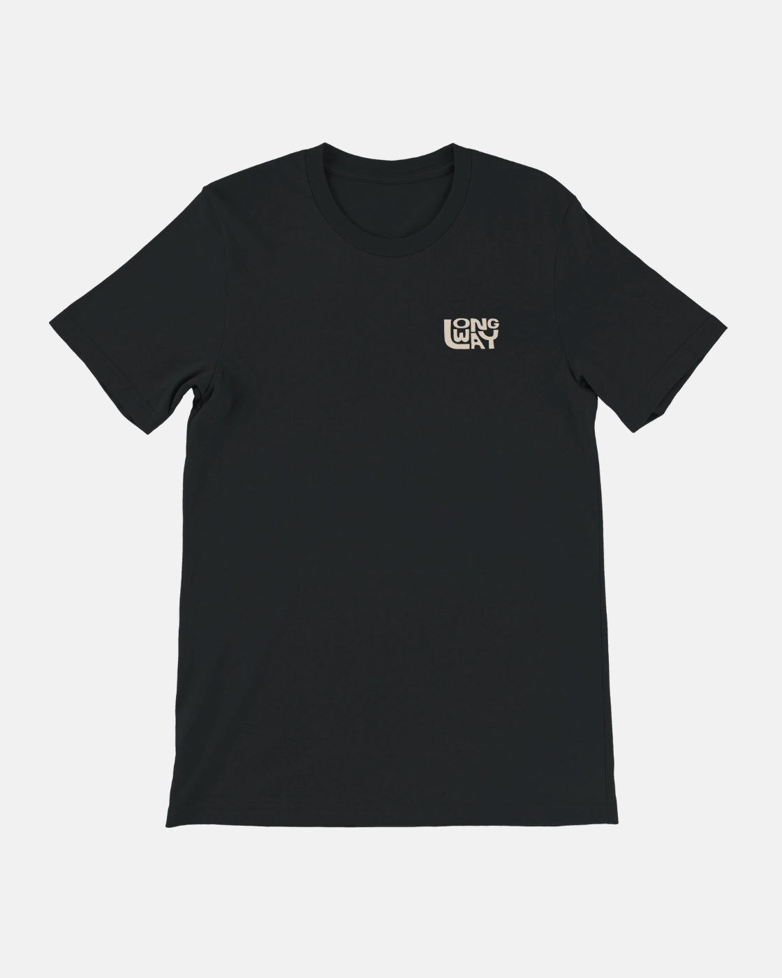 The Long Way Sun Mountain Standard T-Shirt by Long Way Shop is a plain black tee featuring a small white "LONG WAY" graphic in bold uppercase letters on the left chest, shown laid flat on a white background.