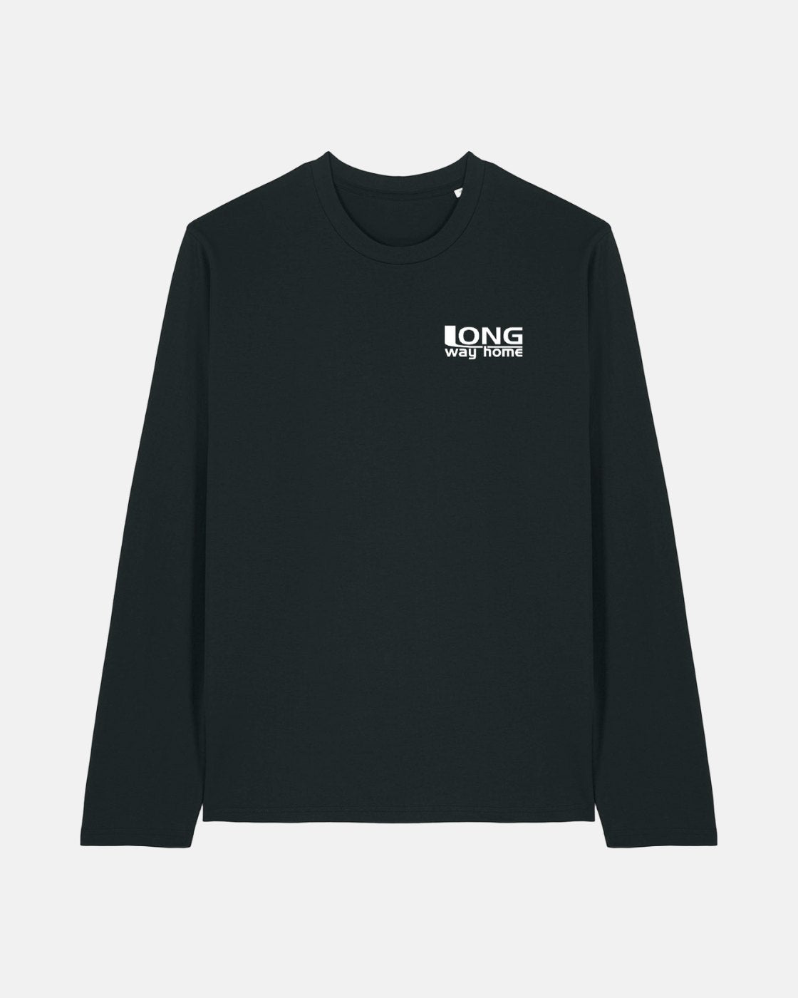 The Long Way Shop’s Long Way Mountain Bike Long Sleeve Black T-Shirt is made from organic cotton and features LONG way home printed in white on the upper left chest against a plain white background.