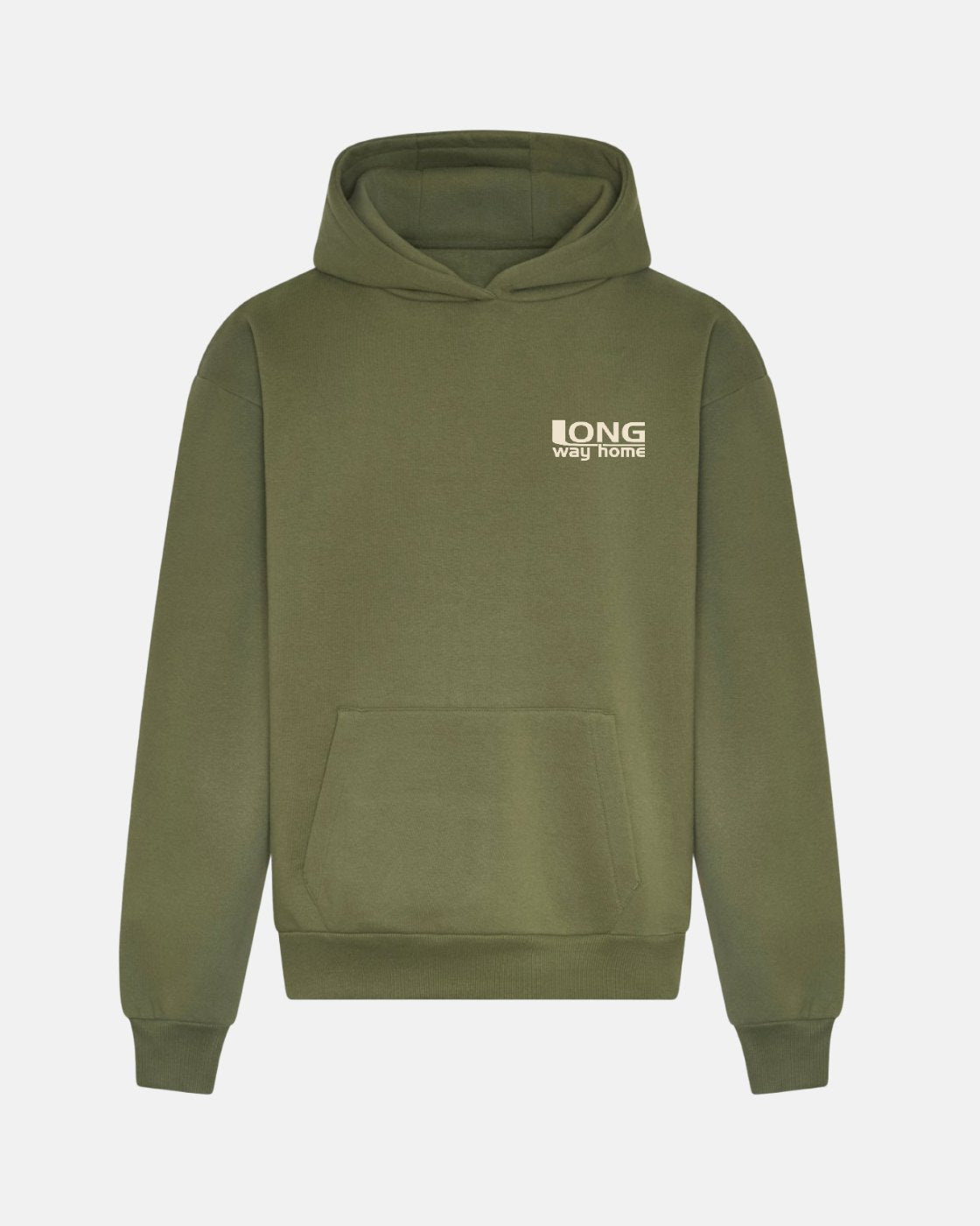 The Long Way Shops Long Way Bike Green Hoodie is an eco-conscious olive heavyweight hoodie with front pocket and hood, featuring LONG way home in white on the upper left chest, displayed on a plain light background.