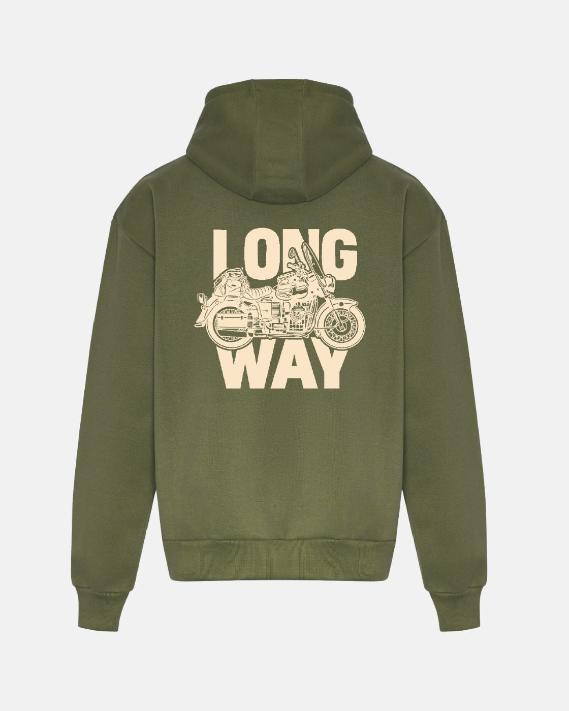 The Long Way Bike Green Hoodie by Long Way Shop is an olive green heavyweight hoodie with a motorcycle graphic and bold cream “LONG WAY” text on the back—perfect for durable, adventurous style.