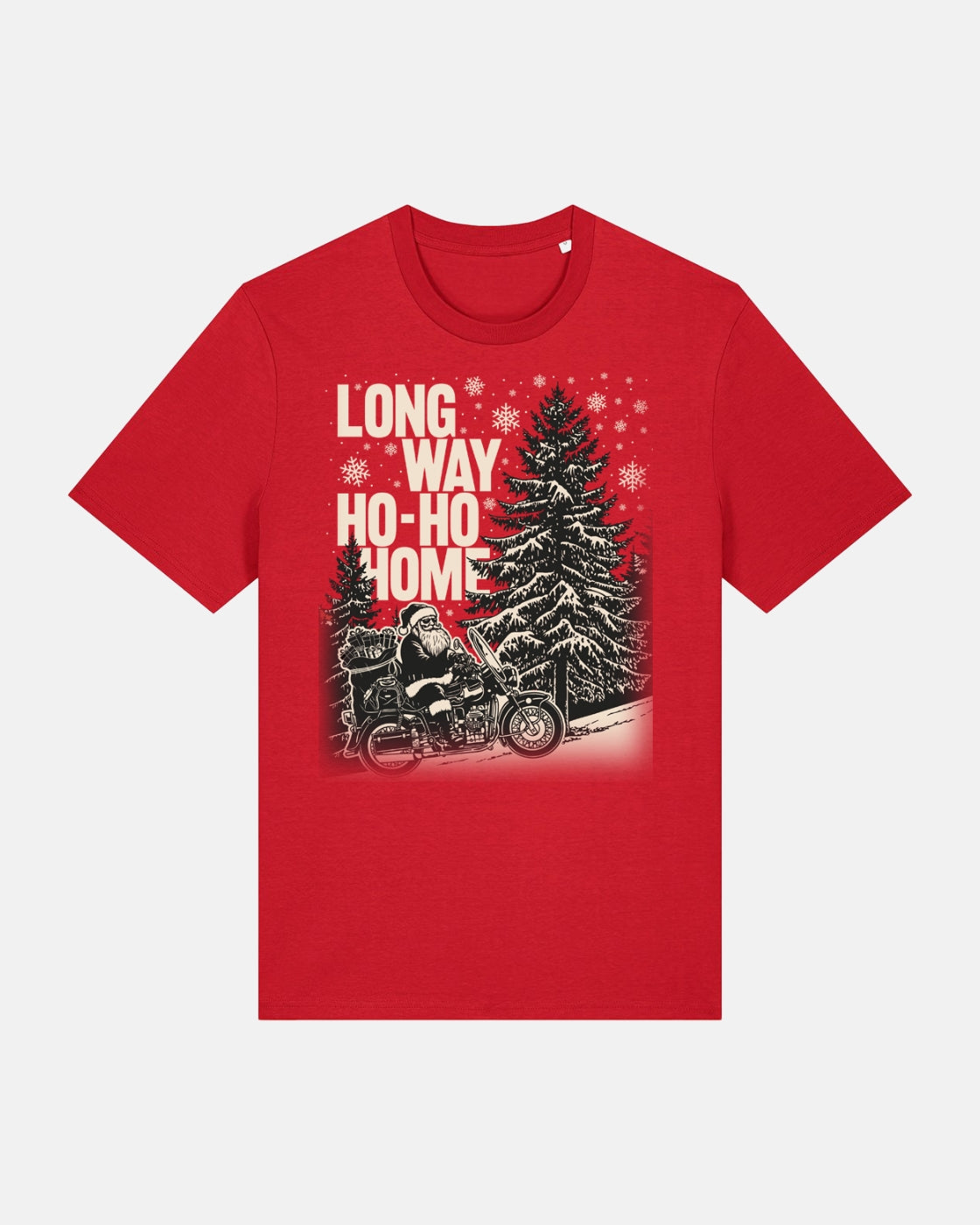 The Long Way Shop’s "Long Way Ho-Ho Home Festive Red T-Shirt" features Santa riding a motorcycle past snowy pine trees with falling snowflakes and bold “Long Way Ho-Ho-Home” text in white and red.