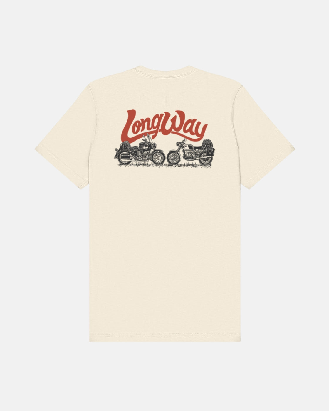 The Long Way Shop Long Way Duo Bike Natural Standard T-Shirt features a cream Airlume cotton build and a back graphic with two detailed motorcycles and "LongWay" in bold, vintage red lettering above them.