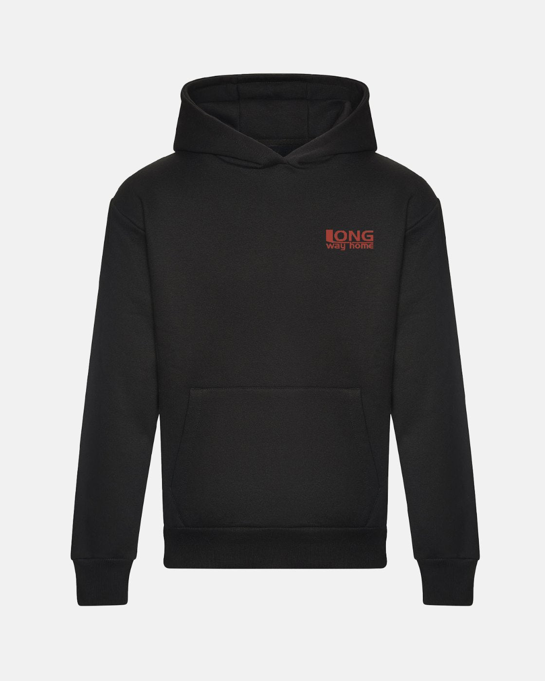 The Long Way Shops Long Way Bike Black Hoodie is a heavyweight hoodie with a front pocket and a small red LONG way home logo on the left chest—ideal for both style and comfort.