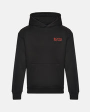 The Long Way Shops Long Way Bike Black Hoodie is a heavyweight hoodie with a front pocket and a small red LONG way home logo on the left chest—ideal for both style and comfort.