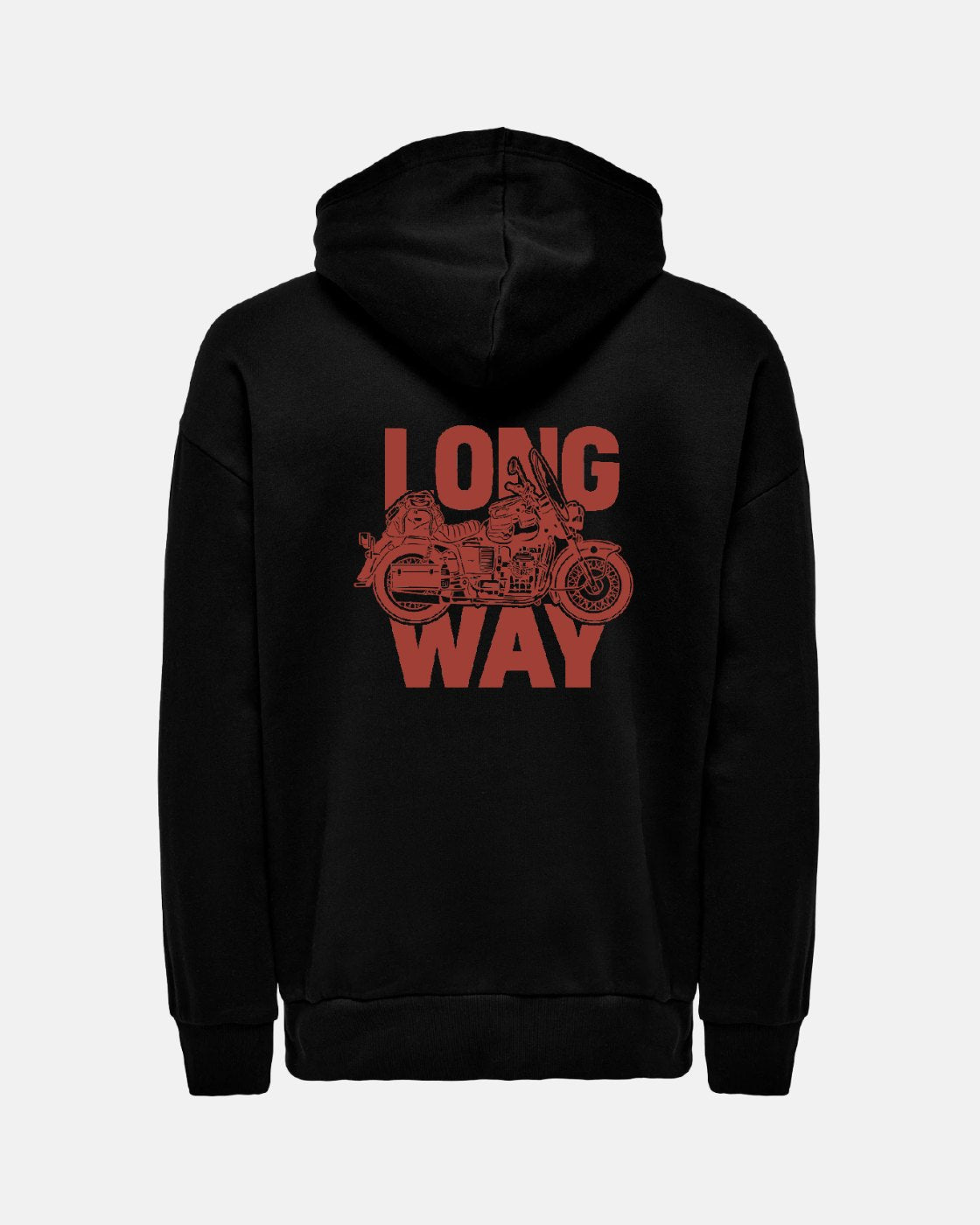 The Long Way Bike Black Hoodie by Long Way Shop features a bold red motorcyclist graphic and LONG WAY text on the back. This heavyweight hoodie combines standout style with cozy comfort.