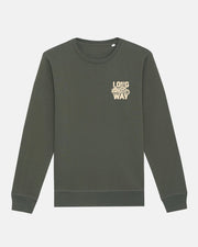 The Long Way Bike Green Sweatshirt by Long Way Shop features a dark green organic cotton crewneck with small beige LONG WAY text and a motorcycle graphic on the left chest—ideal for classic, casual style.