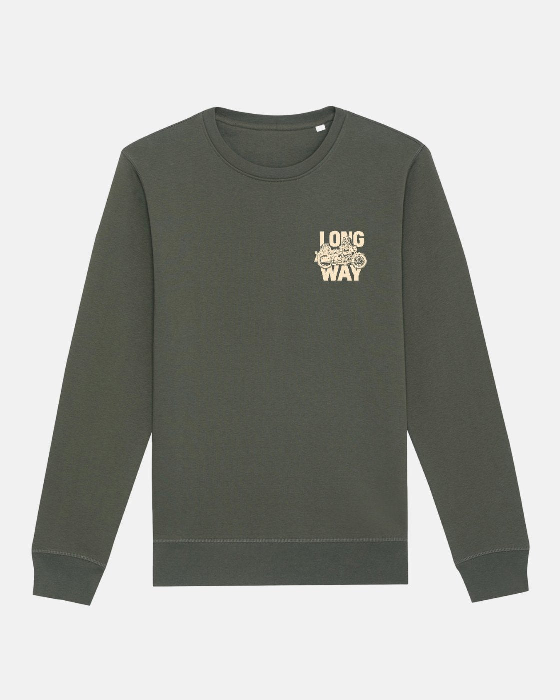 The Long Way Bike Green Sweatshirt by Long Way Shop features a dark green organic cotton crewneck with small beige LONG WAY text and a motorcycle graphic on the left chest—ideal for classic, casual style.