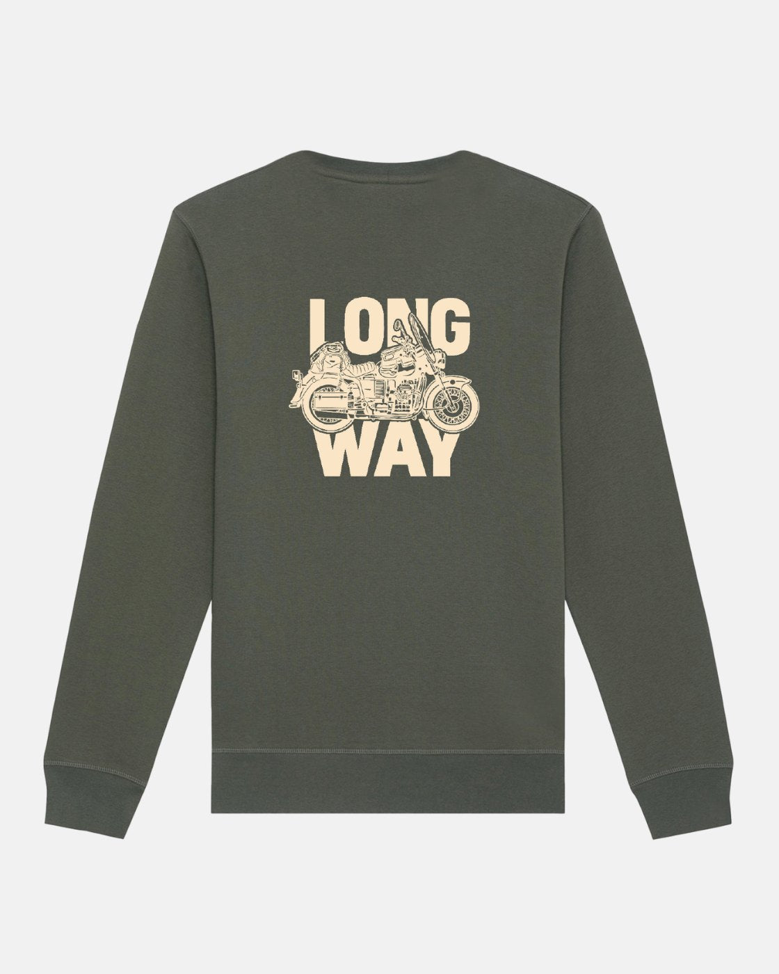 The Long Way Bike Green Sweatshirt by Long Way Shop features a bold back graphic of a motorcycle and rider with cream LONG WAY text, made from organic cotton for comfort and style.