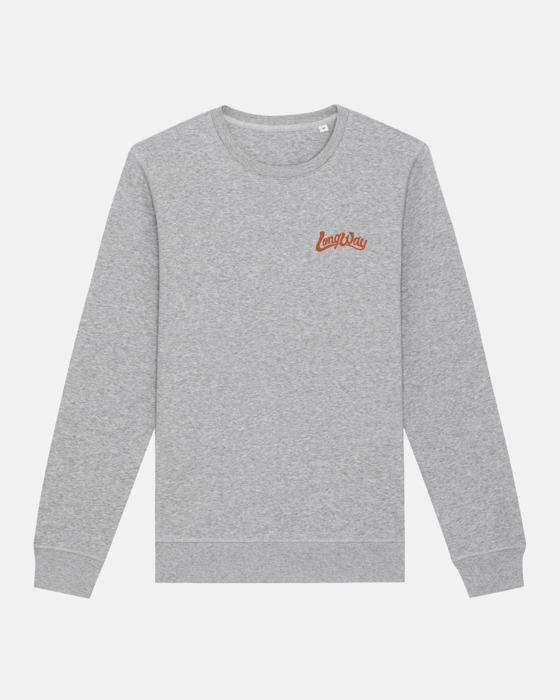 The Long Way Duo Bike Grey Sweatshirt by Long Way Shop is a soft organic cotton crewneck with long sleeves and a small orange logo on the left chest, shown laid flat on a white background.