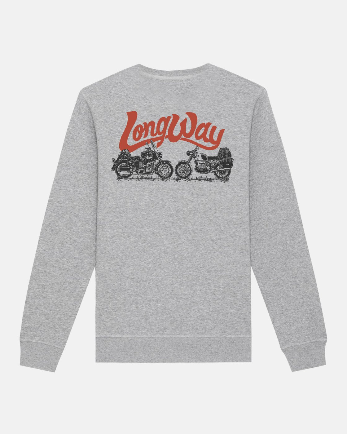 The Long Way Shop’s Long Way Duo Bike Grey Sweatshirt, made from organic cotton, features two motorcycle illustrations and “Long Way” in bold red script on the back—ideal for fans of cool, casual style.