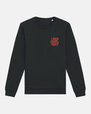 The Long Way Shop’s Long Way Bike Black Sweatshirt is an organic cotton crewneck with a small red LONG WAY graphic and decorative details on the left chest—a comfortable, sustainable choice.