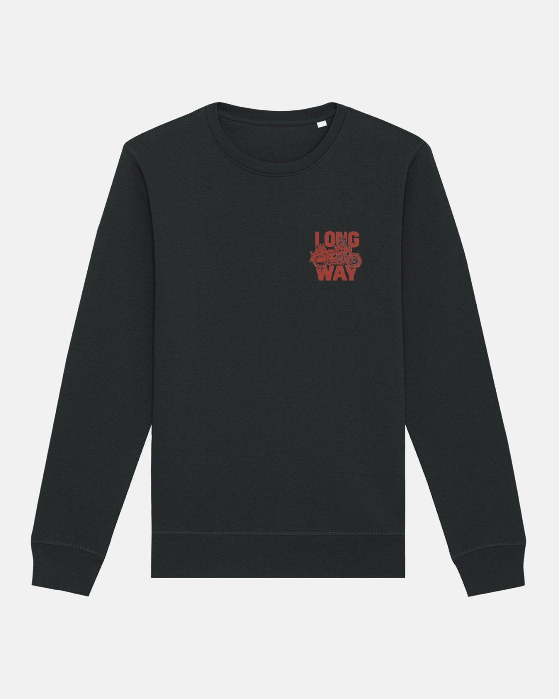 The Long Way Shop’s Long Way Bike Black Sweatshirt is an organic cotton crewneck with a small red LONG WAY graphic and decorative details on the left chest—a comfortable, sustainable choice.