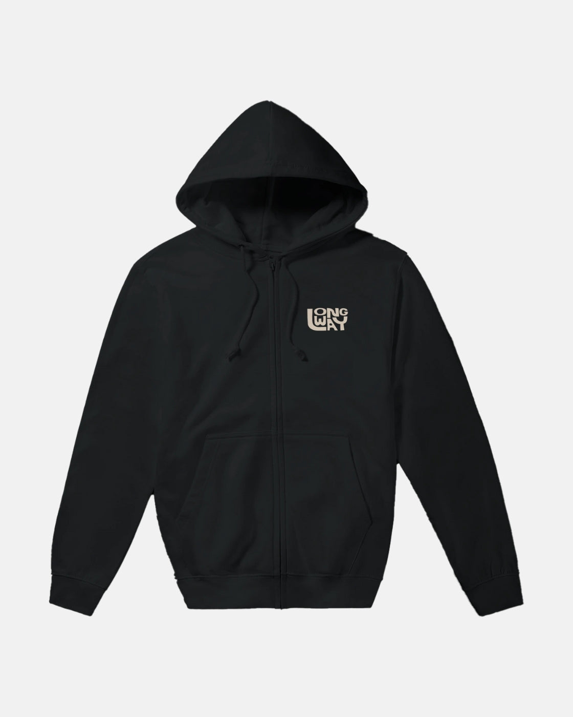 The Long Way Shop Sun Mountain Zip Hoodie is a black, relaxed-fit zip-up with front pockets, ribbed cuffs and hem, an attached drawstring hood, and a small white LONG WAY logo on the left chest. Made from ultra-soft cotton.
